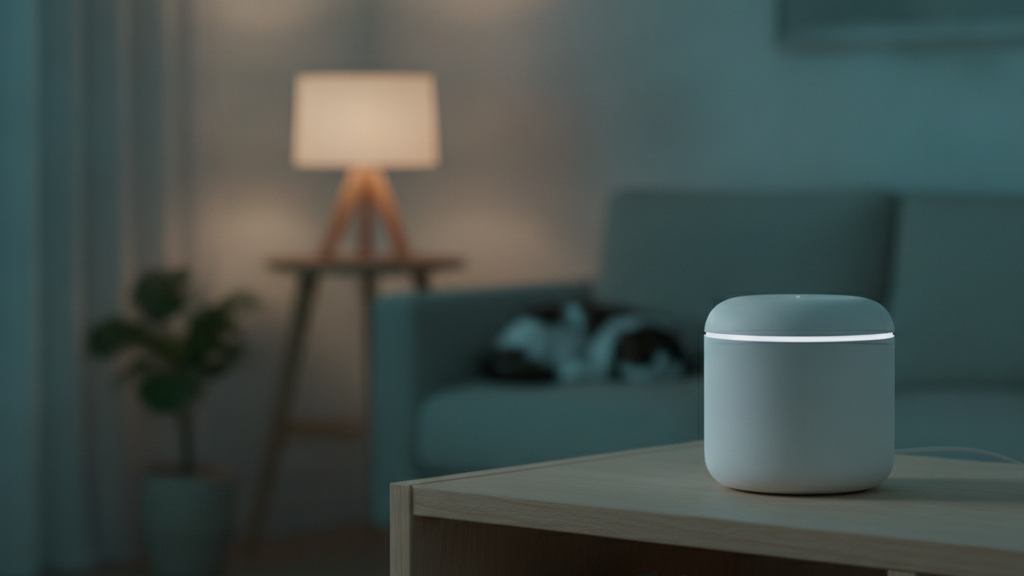 A small white router on a shelf in a calm living room